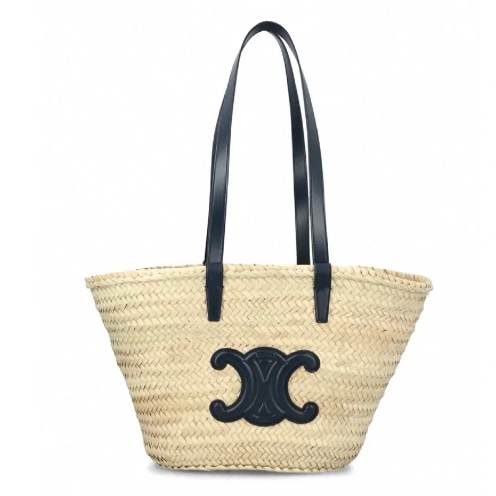 CELINE Triomphe logo leather trimmed raffia tote shoulder bag - Picture 1 of 10